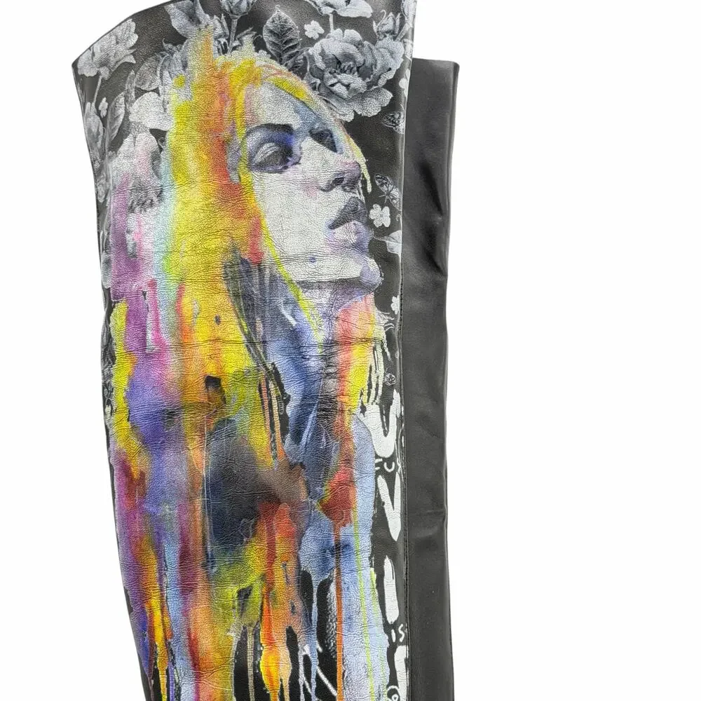 Roksolana Graphic Knee High Boots 40 Women Black Art to Wear Designer Punk Rock